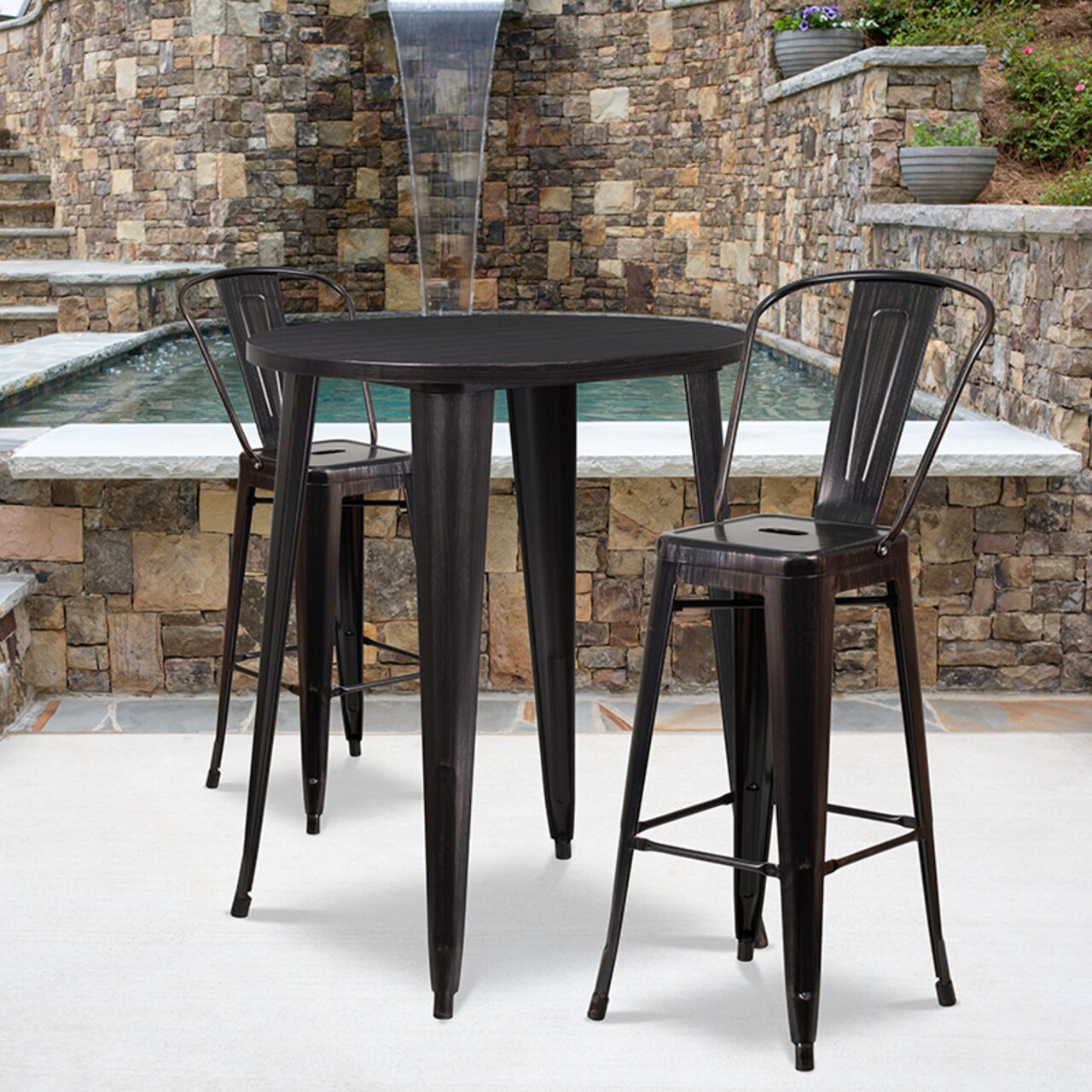 Flash Furniture Commercial Grade 30" Round Black-Antique Gold Metal Indoor-Outdoor Bar Table Set with 2 Cafe Stools CH-51090BH-2-30CAFE-BQ-GG